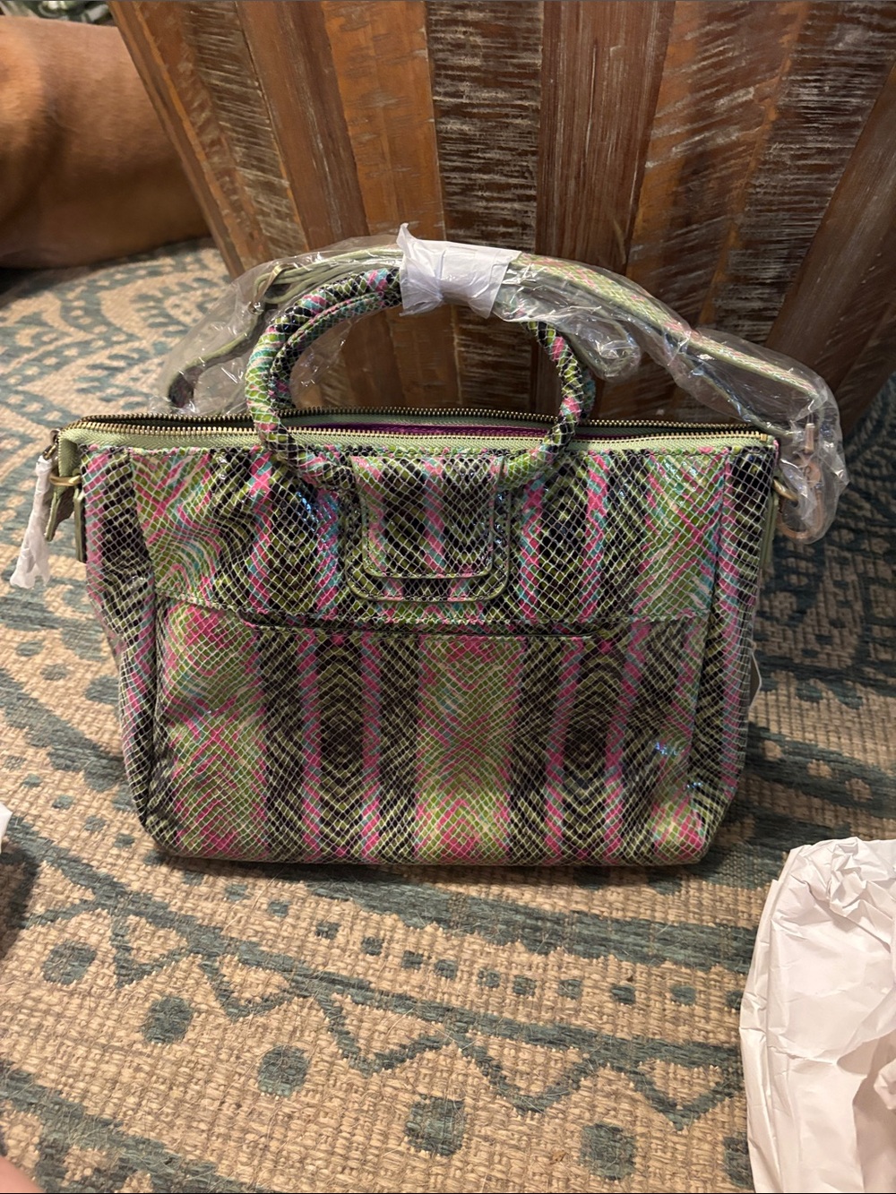 HOBO Multicolor Pink & Green Snakeskin-Effect Top-Handle Satchel